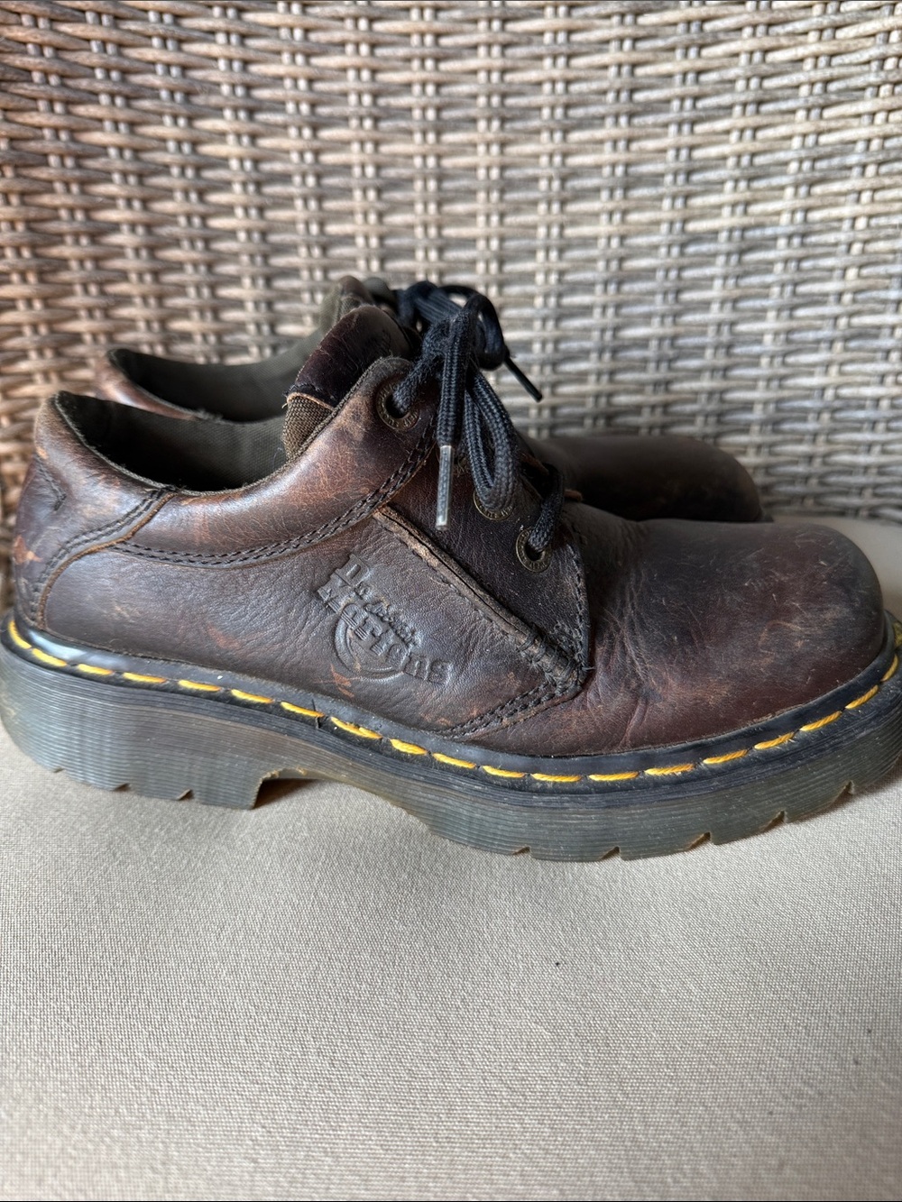 Dr. Martens Dark Brown Leather 3-Eye Derby with Yellow Stitching